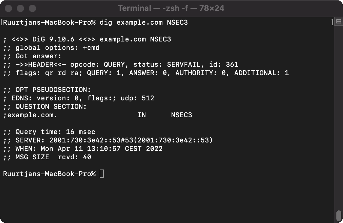 Example output of a NSEC3 lookup query